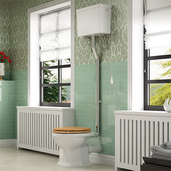 Traditional high level WC pan with cistern and flush pipe kit, open back, in white, measuring 480x525mm by IMEX Wyndham.