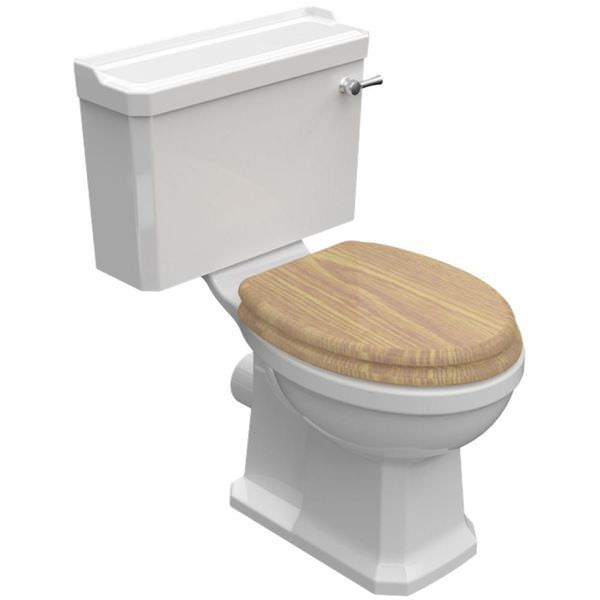 Tuskan Tiles IMEX Wyndham white traditional close coupled WC pan with cistern, open back, measuring 520x690mm, shown from side angle.