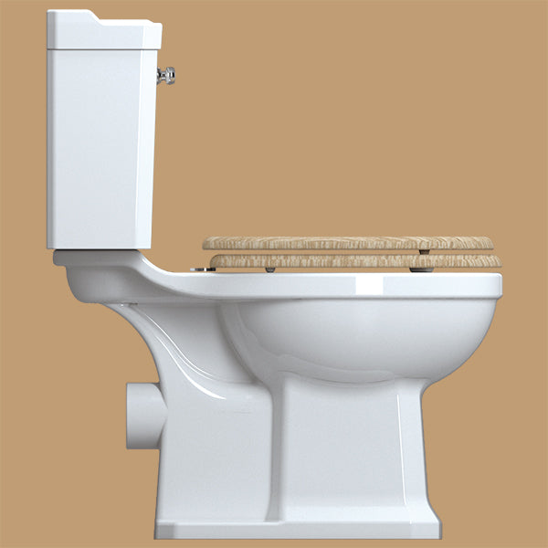White traditional close coupled WC pan with cistern, open back design, measuring 520x690mm, by Tuskan Tiles.
