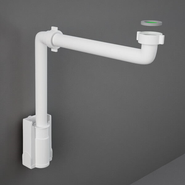 Tuskan Tiles RAK Duo Alpine White plastic bottle trap for vanity, shown in a bathroom setting with clean, modern design.