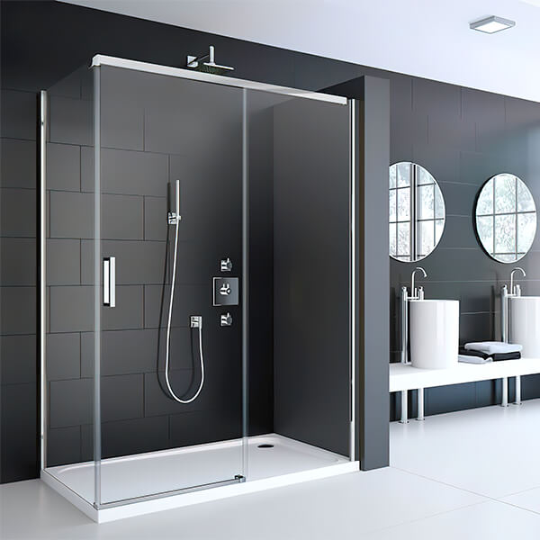 Frameless sliding shower door with handles, Merlyn 8-Series by Tuskan Tiles, reversible design, 2000mm high, modern bathroom fit