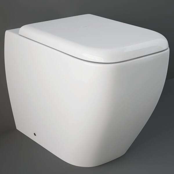White RAK Metropolitan back-to-wall square WC pan with soft close seat, measuring 337x525mm, by Tuskan Tiles.