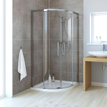 Lakes Classic low threshold sliding quadrant shower enclosure with two doors and chrome frame, designed for modern bathrooms.