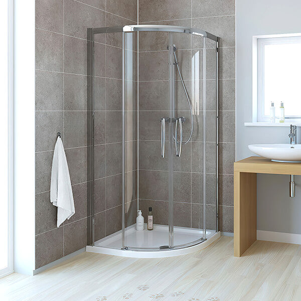 Lakes Classic low threshold sliding quadrant shower enclosure with two doors and chrome frame, designed for modern bathrooms.