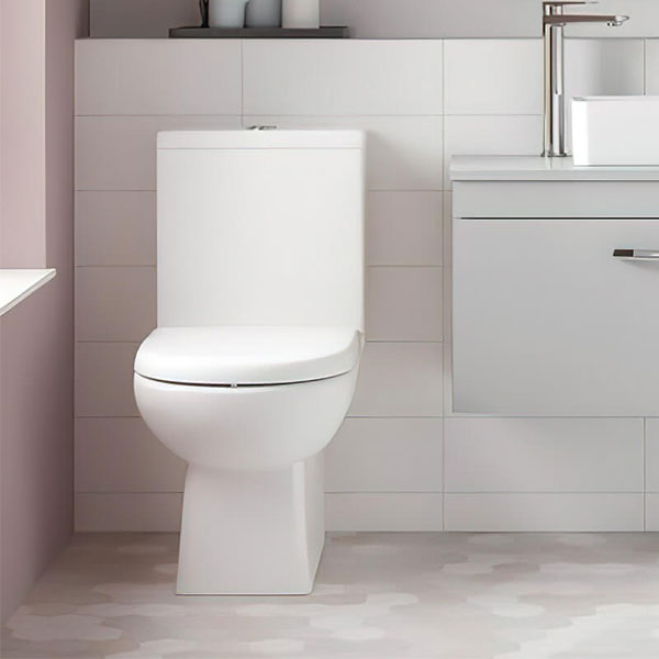 Nuie Ivo white close coupled comfort height WC pan with open back and cistern, measuring 375 x 625mm, designed for modern bathrooms.