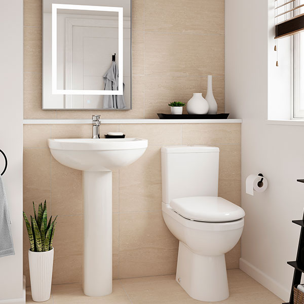 Tuskan Tiles Nuie Ivo white close coupled comfort height WC pan with cistern, open back, 375x625mm, modern bathroom fixture