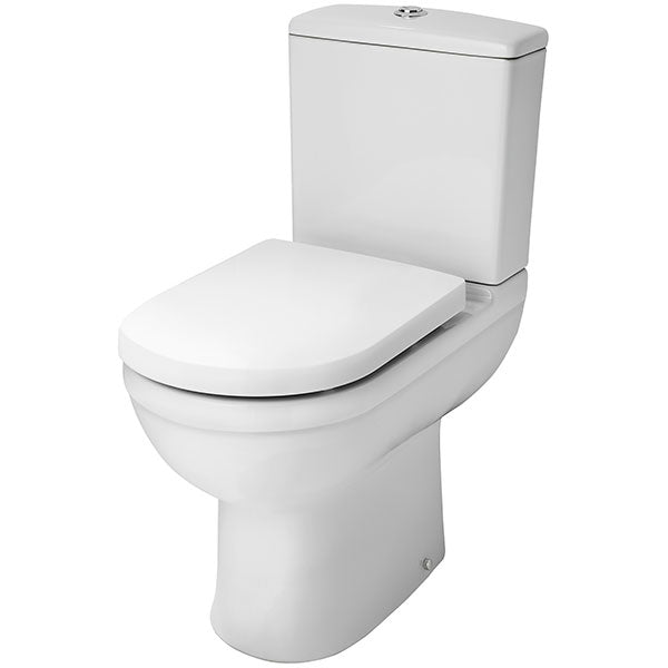 Nuie Ivo white close coupled comfort height WC pan with open back and cistern, measuring 375 x 625mm, installed in a bathroom.