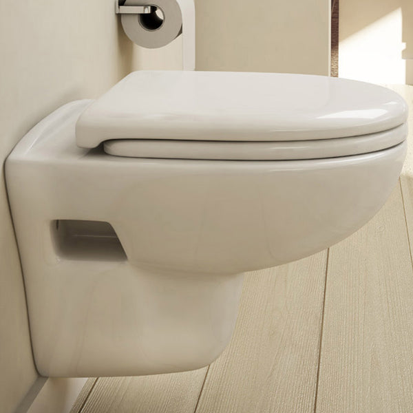 IMEX Ivo White soft close WC seat with top fix quick release hinges, designed for easy installation and quiet operation.