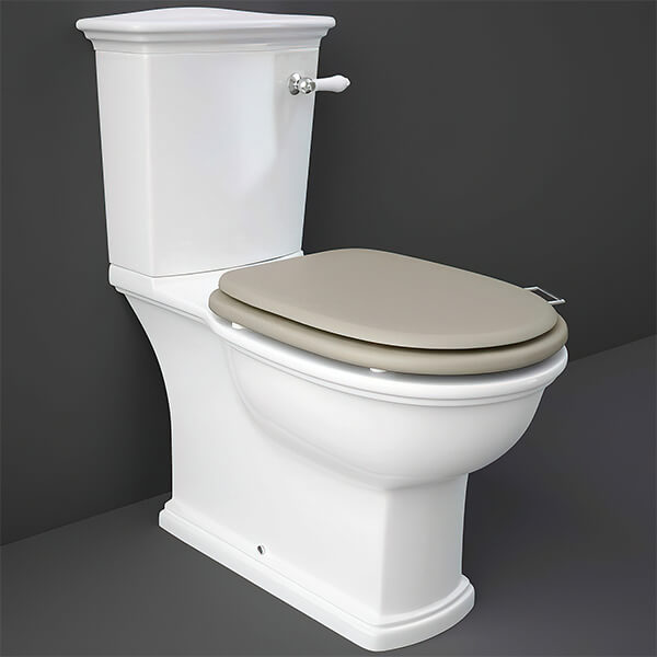 Close coupled WC pan with cistern and soft close wooden seat, Tuskan Tiles RAK Washington bathroom fixture, 360x705mm