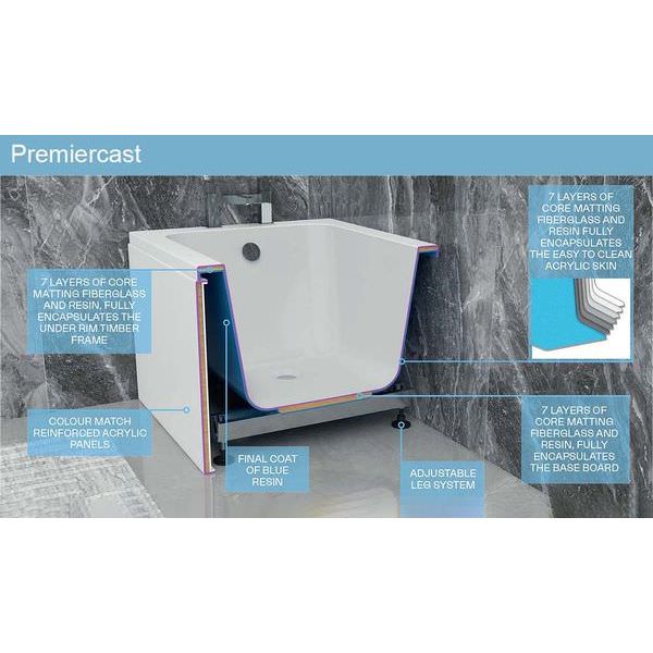 White IMEX Quadro single-ended bath by Tuskan Tiles with leg set, measuring 1300 x 700mm, shown from a top angle.