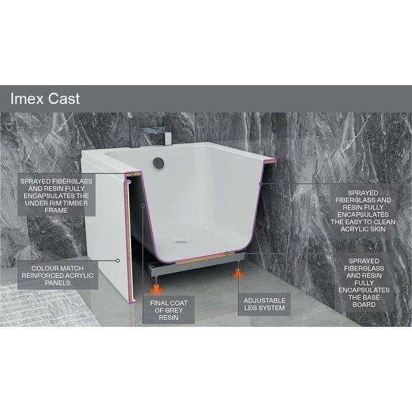 White IMEX Quadro single-ended bath tub with legs, measuring 1300 x 700mm, designed for modern bathrooms.