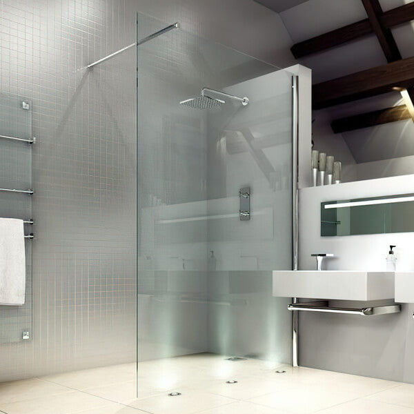 Tuskan Tiles Merlyn 8-Series wetroom shower screen with stabilising bar, reversible design, 8mm glass for modern bathroom use