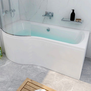 P-shaped Tuskan Tiles IMEX Ronda cast shower bath with leg set, un-drilled for easy installation, shown from side view.