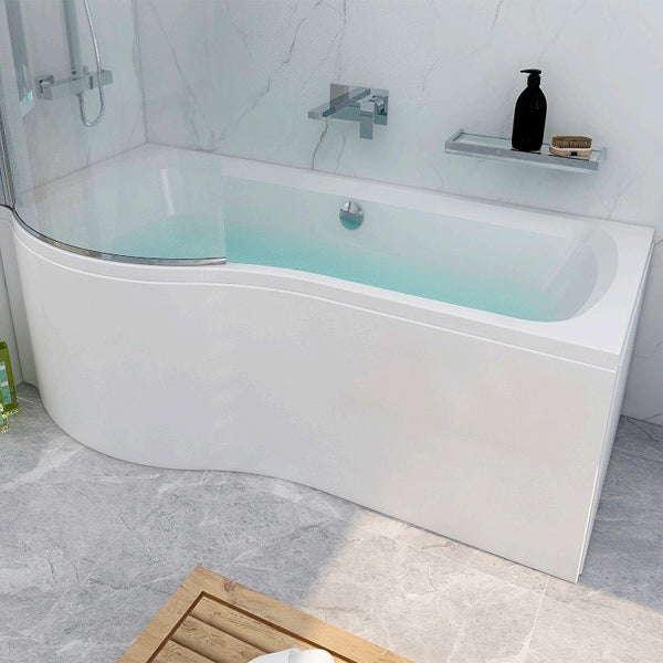 P-shaped Tuskan Tiles IMEX Ronda cast shower bath with leg set, un-drilled for easy installation, shown from side view.