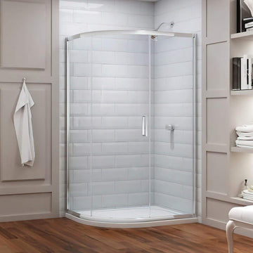 Merlyn 8-Series sliding offset quadrant shower enclosure with aluminium frame, reversible design, shown in modern bathroom setting.