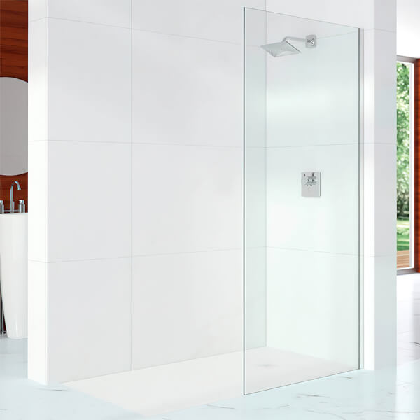 Merlyn 10-Series frameless wetroom shower screen by Tuskan Tiles, 2000mm high, reversible design, clear glass with sleek frameless style.