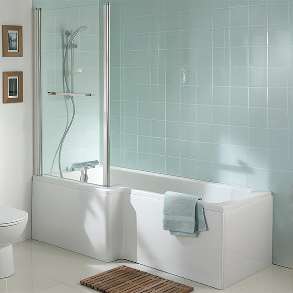 L-shaped Ideal Standard Tempo Cube Idealform shower bath in white, 1700 x 850mm, installed in a modern bathroom setting