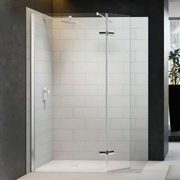 Tuskan Tiles Merlyn 8-Series walk-in shower screen with hinged swivel panel, 2015mm high, reversible design, modern bathroom fixture.