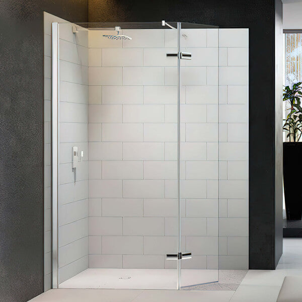 Tuskan Tiles Merlyn 8-Series walk-in shower screen with hinged swivel panel, 2015mm high, reversible design, modern bathroom fixture.
