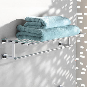 Chrome Grohe Essentials Cube Multi Towel Rack by Tuskan Tiles with multiple bars for hanging towels.