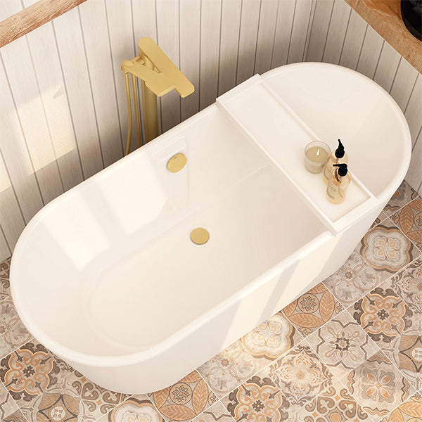 Full view of Tuskan Tiles Imex Essence 5mm thick fully reinforced freestanding acrylic bath in a modern bathroom setting.