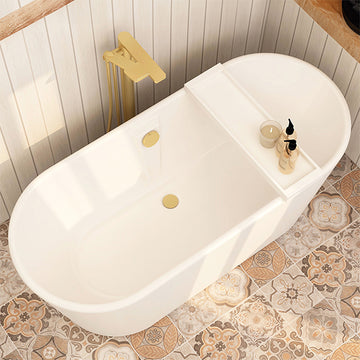 Full view of Tuskan Tiles Imex Essence 5mm thick fully reinforced freestanding acrylic bath in a modern bathroom setting.