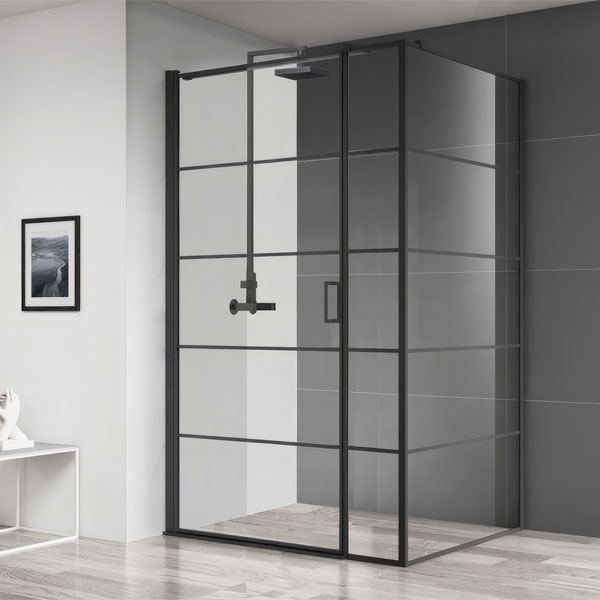 Aquaglass Velar Hinged Industrial Black Shower Door - Aluminium Frame - Reversible