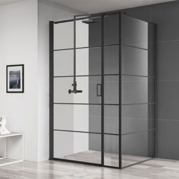 Aquaglass Velar Hinged Industrial Black Shower Door with Inline Panel - Aluminium Frame