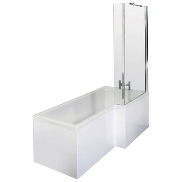 Nuie square white acrylic L-shaped bath with shower screen and front panel, designed for modern bathroom spaces