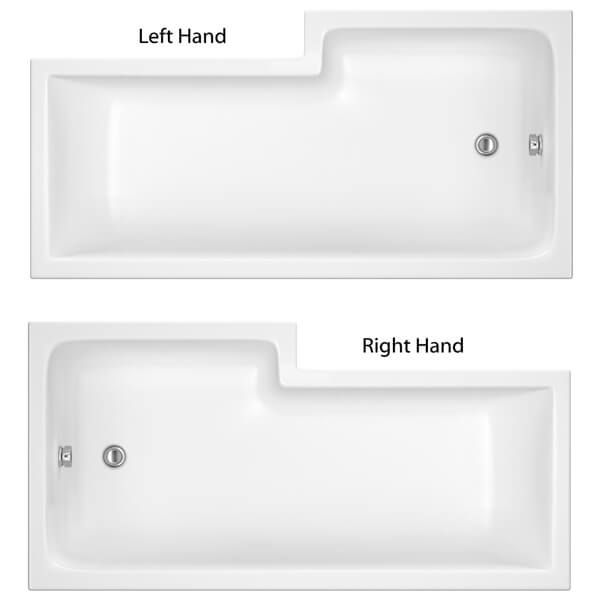 Nuie white acrylic L-shaped bath with shower screen and front panel, designed for modern bathroom installation.