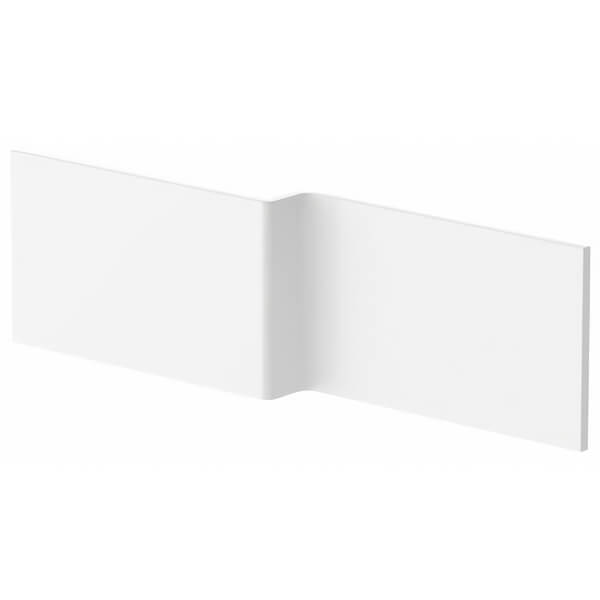 Nuie square white acrylic L-shaped bath with shower screen and front panel, designed for modern bathroom spaces.