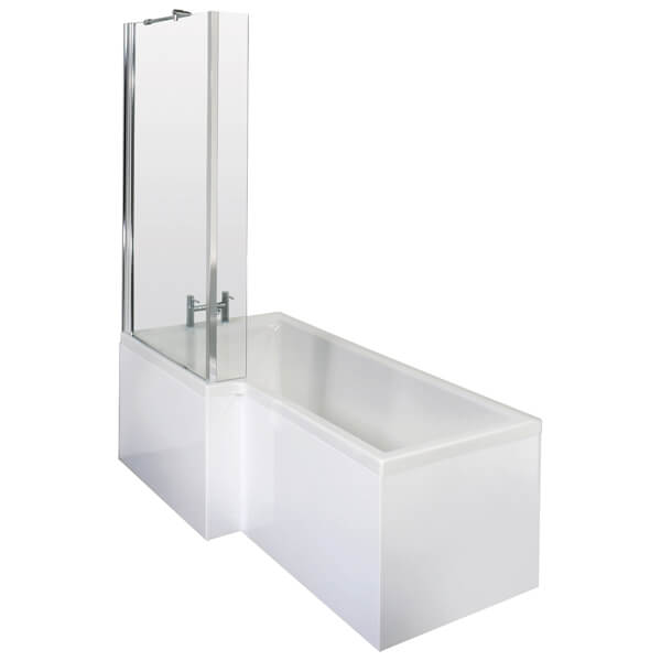 Nuie Square white acrylic L-shaped bath with shower screen and front panel, ideal for modern bathroom setups