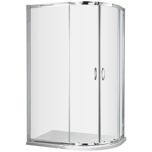 Nuie Ella reversible offset quadrant shower enclosure with aluminium frame and handles, 1850mm height, designed for modern bathrooms.