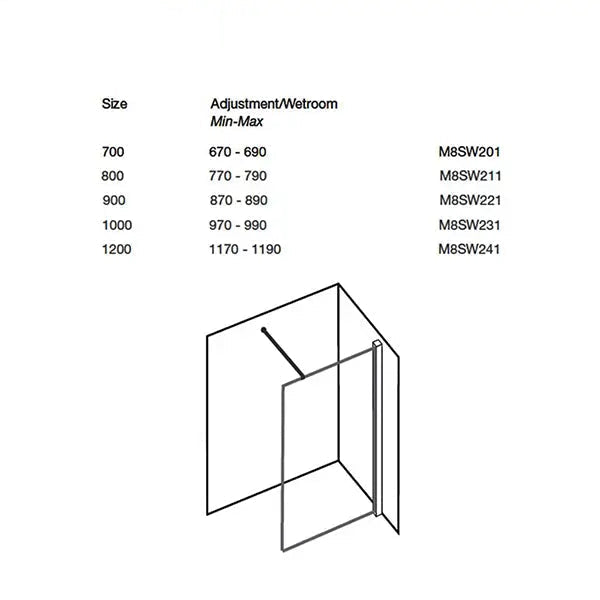 Merlyn 8-Series wetroom shower screen with stabilising bar, reversible design, 8mm glass for modern bathroom use.