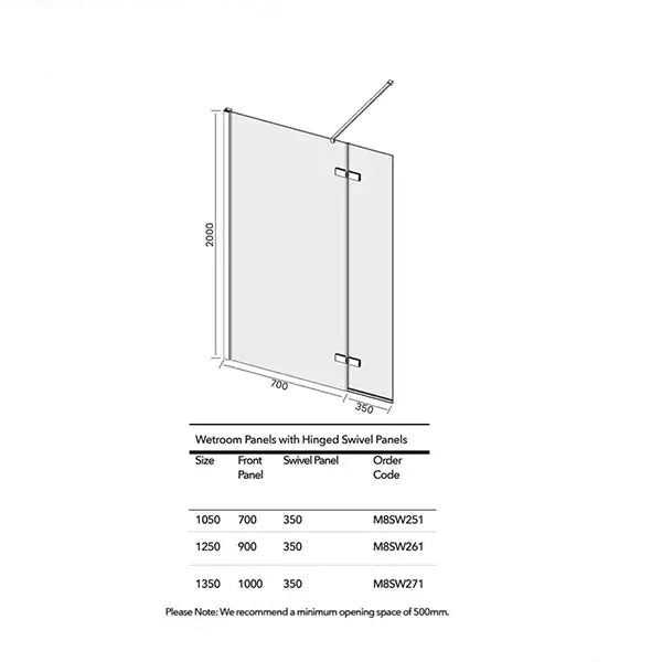 Tuskan Tiles Merlyn 8-Series walk-in shower screen with hinged swivel panel, 2015mm high, reversible design, clear glass.