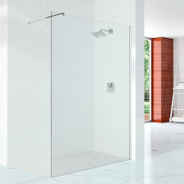 Frameless chrome wall profile shower screen from Merlyn 10-Series, reversible wetroom design by Tuskan Tiles.