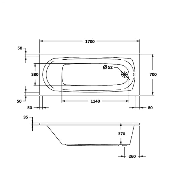 Aqua Caymen 1700 x 700mm Anti Slip Single Ended Bath