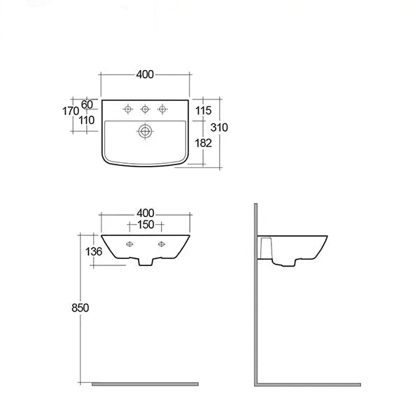 RAK Summit 1 Tap Hole White Wall Hung Hand Basin 400mm - SM0701AWHA