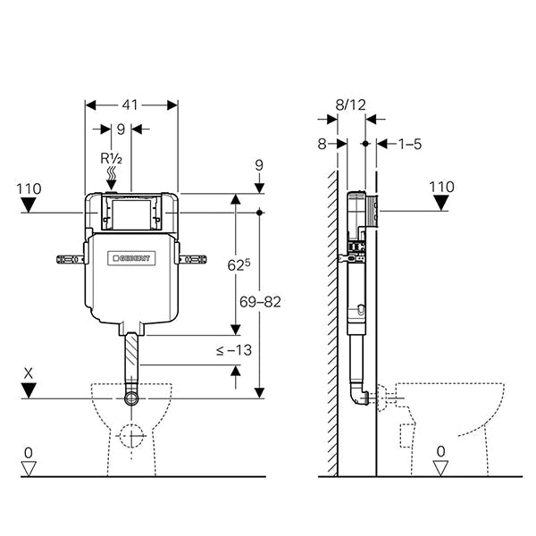 Geberit Sigma white dual flush concealed cistern UP720 with 3/5.8L capacity, 410x80x625mm, mounted on a bathroom wall.