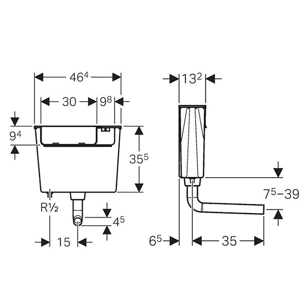 Geberit pneumatic actuation furniture cistern in white, 5.8L, low height, 464 x 132 x 355mm for bathroom installation