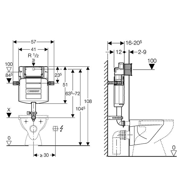 Geberit Sigma Dual Flush Concealed Cistern UP320 in white, with 3 and 5.8-litre flush options, installed on bathroom wall