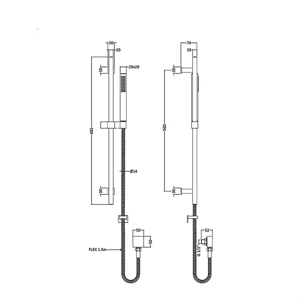 Hudson Reed Kubix Contemporary Adjustable Slide Rail Kit - Chrome - 685mm High
