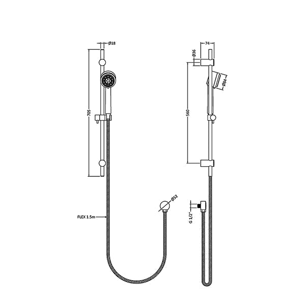 Hudson Reed Linear Chrome Shower Slider Kit - Multi Function Handset - 705mm High