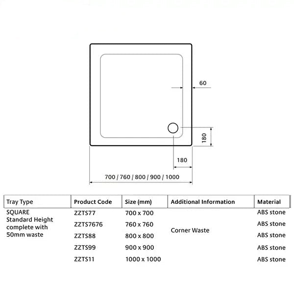 Lakes Traditional White Square Shower Tray with Waste - ABS Capped Stone Resin - 80mm High