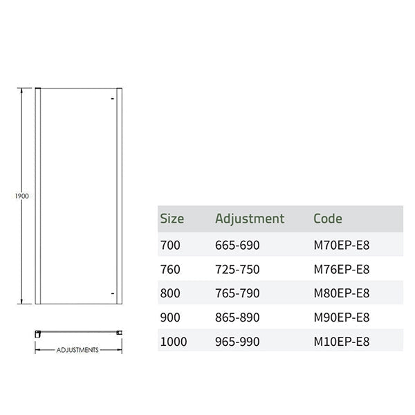 Hudson Reed Apex Aluminium Semi Frameless Side Panel - 1900mm Height