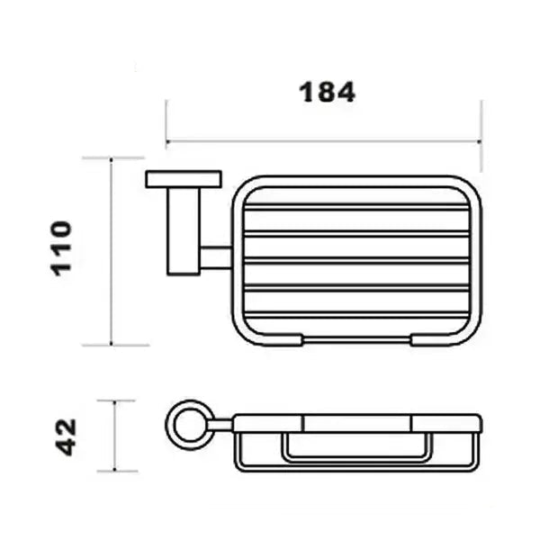 Chrome sphere wall-mounted soap basket by Tuskan Tiles, rectangular wire design, measures 184x110mm.