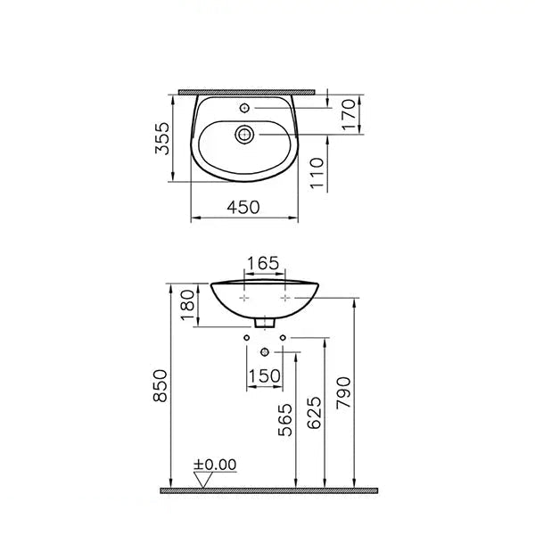 VitrA Normus 450 x 355mm White 1 Tap Hole Wall Hung Basin