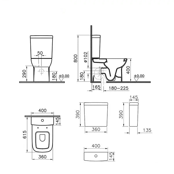 VitrA S20 white back-to-wall close coupled WC pan with cistern, 360x600mm, installed in modern bathroom setting