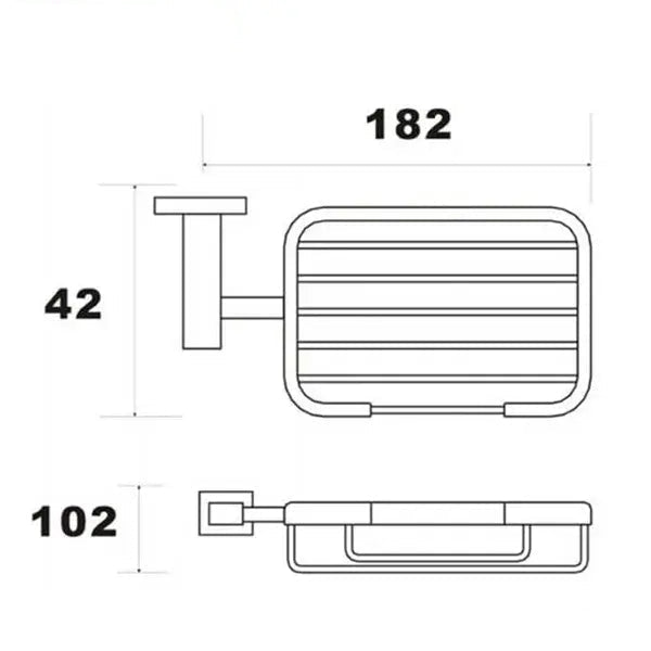Contemporary Tuskan Tiles RAK Cubis wall-mounted wired soap basket in metal, measuring 182x42x102mm, for bathroom storage.
