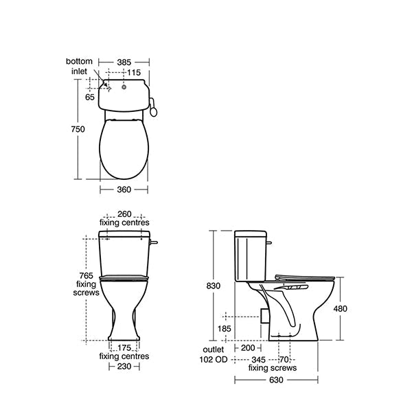 Close coupled WC pan by Armitage Shanks Sandringham-21, raised height, 385x750mm, installed on a bathroom floor.